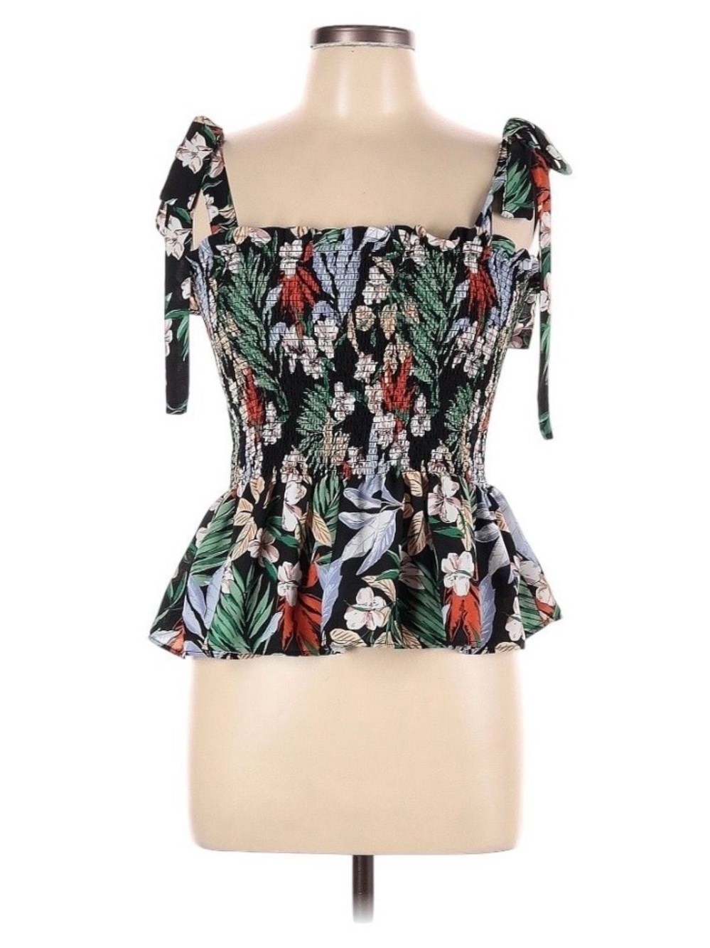 Rachel Zoe Black Floral Smocked Tie-Shoulder Peplum Top